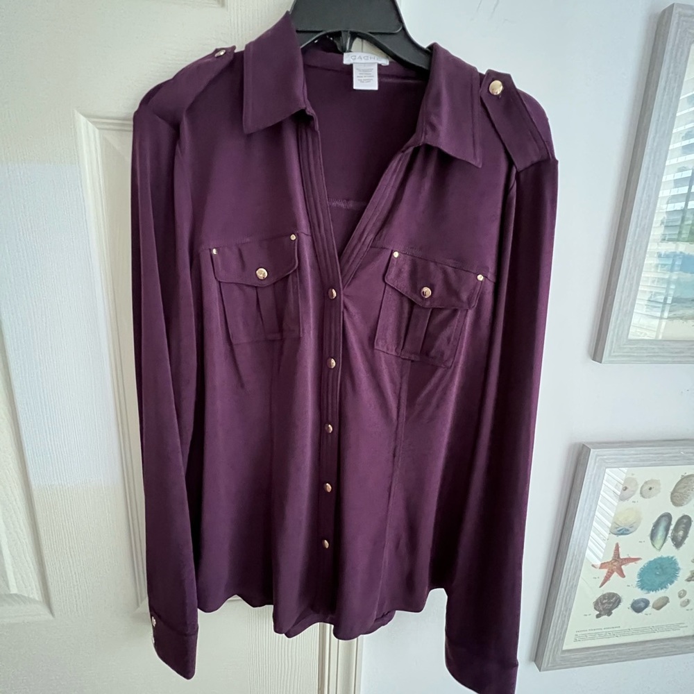 Cache Deep Plum Button-Front Blouse with Gold Accents